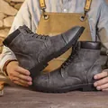 Retro grey leather high-top Martin boots for men featuring a classic British workwear style - 9188 Style Grey