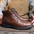 Retro brown men's high-top faux leather Martin work boots featuring a rugged rubber sole - 39 / Brown