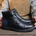 Retro men's high-top Martin boots in black and blue leather with cap-toe detail. - 39 / Black