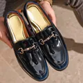 Elegant navy blue patent leather mens loafers with a classic gold horsebit buckle - 40 / Gradient Blue