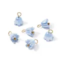 Close-up of iridescent light blue flower charms with golden pearls and loops for DIY. - Blue (4661)