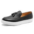 Elegante zwarte leren herenloafers met geweven detail, kwastjes en een witte sneakerzool - 38 / Stijl 1616 / Zwart