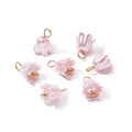 Macro view of iridescent pink pearl lily flower charms with gold loops for DIY jewelry. - Pink (4661)