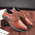 Brown leather business casual shoes for men with blue accents and white stitching - 40 / Brown (Style 128)
