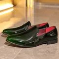 Luxury dark green patent leather slip-on loafers for men featuring a red interior - 39 / High Grade Men's Leather Shoes (1925) / Gradient Green