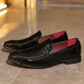 Classic black patent leather formal loafers with gold toe detail and red lining - 39 / High Grade Men's Leather Shoes (1925) / Gradient Grey