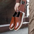 Stylish men's brown leather business loafers, comfortable slip-on casual dress shoes. - 38 / Slip-on (1530) / Brown