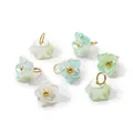 Detailed view of iridescent bell flower charms with gold loops for DIY handmade jewelry. - Pearlescent Green