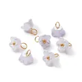 Macro detail of pearlescent ABS lily flower charms with gold jump rings for DIY crafts - Pearlescent Light Purple