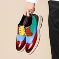Stylish mens colorful patchwork loafers with classic brogue detailing and thick soles - 38 / Multicolor Brogue Carved Loafers (1532) / Colorful