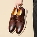 Brown leather wingtip brogue dress shoes with woven texture and white sole - 38 / Brown Woven Brogue Lace-up Shoes (1533) / Brown