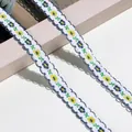 Nahaufnahme von fein besticktem Blumenband mit dunkelblauer Wellenborte für Bastelarbeiten - 1m / Königsblau