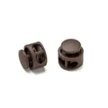 Detailed close-up view of two brown plastic double-hole cord lock toggles with internal spring - Double Hole Spring Adjustment Buckle / 10 Pieces Pack / Solid Dark Brown