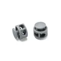 Detail view of gray plastic double-hole cord locks with internal metal spring - Double Hole Spring Adjustment Buckle / 10 Pieces Pack / Solid Grey