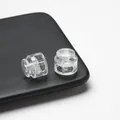 Detailed macro view of two clear plastic spring-loaded toggle cord locks on tray - Double Hole Spring Adjustment Buckle / 10 Pieces Pack / Clear