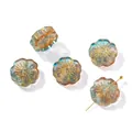 Macro view of vintage gold-painted flower glass beads showing intricate texture. - Flower Shape (AC4783) / 5 Pieces / Jade Brown Blue