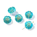Vintage light blue flower glass beads with gold accents for DIY jewelry making material - Flower Shape (AC4783) / 5 Pieces / Lake Blue