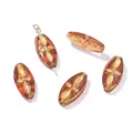 Cuentas ovaladas de vidrio checo ámbar retro con patrón de pan de oro para DIY - 5 Piezas/Paquete (9.5x20mm) / Marrón