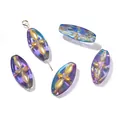 Cuentas de cristal checo ovaladas de 9,5x20 mm vintage moradas iridiscentes con patrón dorado - 5 Piezas/Paquete (9.5x20mm) / Azul púrpura