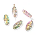 Perle ovali in vetro ceco vintage con motivo a croce dorata e iridescente - 5 Pezzi/Confezione (9.5x20mm) / Viola e Verde