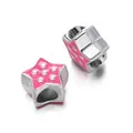 Pink enamel star-shaped beads with silver stars for DIY jewelry making - Star Bead / 5 Pieces / Rose Red