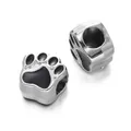 Silver paw print large hole bead with black enamel accents for DIY bracelet making - Bear Paw Bead / 5 Pieces / Black