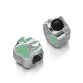 Silver charm bead with green enamel paw print for DIY bracelet jewelry making. - Bear Paw Bead / 5 Pieces / Green