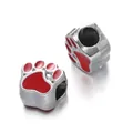 Silver and red enamel dog paw print charm beads with large hole for DIY bracelets - Bear Paw Spacer Bead / 5 Pieces / Red