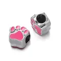 Silver CCB bear paw print beads with pink enamel for DIY bracelet jewelry making - Bear Paw Spacer Bead / 5 Pieces / Rose Red