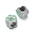 Silver-toned CCB large hole spacer bead with light green enamel cherry blossom design - Cherry Blossom Spacer Bead / 5 Pieces / Green