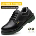 Zapato de seguridad transpirable con puntera de acero en cuero de vaca negro duradero - 45 / Estilo de suela sólida con puntera de acero (010) / Negro