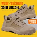 Zapatos de seguridad de cuero caqui con puntera de acero y suela antipinchazos - 36 / Puntera de Acero Suela Sólida (Anti-aplastamiento) / Caqui