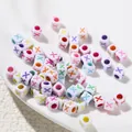 Colorful 6mm square acrylic beads with oil-drop X pattern for DIY jewelry making - Letter X Style / 100 Pieces (6x6mm/Hole 3.4mm)