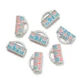 Matte silver bamboo tube charms with pink and blue floral enamel for DIY bracelets - Pack of 2 / Vintage Flower Lock Tee Pendant