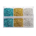 Set de piedras metálicas decorativas en organizador de 6 rejillas para manualidades - Set Oro-Plata 2 / Caja de 6 rejillas