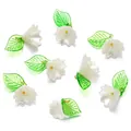 Elegant acrylic flower and green leaf pendants for DIY jewelry making and phone charms - 10 Pieces Pack / White (Style 02)