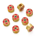Chinese style gold-plated barrel spacer beads with red enamel wealth coin design for DIY jewelry - Round Treasure Inflow / Set of 2 (Horizontal Hole) / Gold