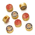 Gold sand spacer beads featuring Fu character and lotus motifs for DIY jewelry crafting - Lotus Blessing / Set of 2 (Horizontal Hole) / Gold