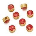 Ancient gold lucky spacer bead featuring red enamel Fu character for DIY handmade jewelry - Fu Character Red / Set of 2 (Horizontal Hole) / Gold