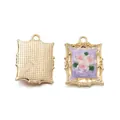 Dije marco de fotos vintage dorado con base púrpura y rosas rosas para joyería DIY - Estilo 04 / 19*25.5mm (Apertura 2mm)
