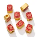 Traditional gold-plated alloy beads with red enamel Fu character and large hole for DIY crafts - Rectangular Fortune Character Style (Vertical Hole) / 2 Pcs/Set