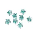 Macro view of transparent teal glass starfish beads featuring unique internal bubble textures - Gold Dust Green
