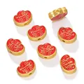 Red and gold sycee shaped alloy spacer beads with lucky Chinese characters for DIY jewelry - Daily Wealth Gain (Vertical Hole) / 2 Pcs/Set