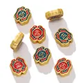 Vintage Chinese style gold alloy spacer beads with red and blue enamel - Charm Lucky Word (Vertical Hole) / 2 Pcs/Set