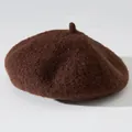 Detailed view of thick retro brown wool beret hat with soft plush texture for winter - One Size / Dark Brown