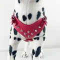 Close-up detail shot of a red PU leather dog harness featuring silver punk-style spikes - Red