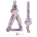 Pink plaid pet harness and leash set featuring cute plush rabbit head decorative designs - Size S Width 1.0cm / Pink