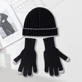 Warm black pure wool knit beanie and touch-screen gloves set for winter, soft and thick. - Set / Black