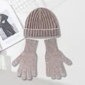 Warm brown pure wool knitted winter hat and touchscreen-friendly gloves set - Set / Khaki