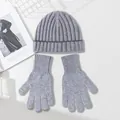 Solid grey pure wool knit hat and gloves set featuring thick ribbed texture for winter warmth - Set / Light Gray